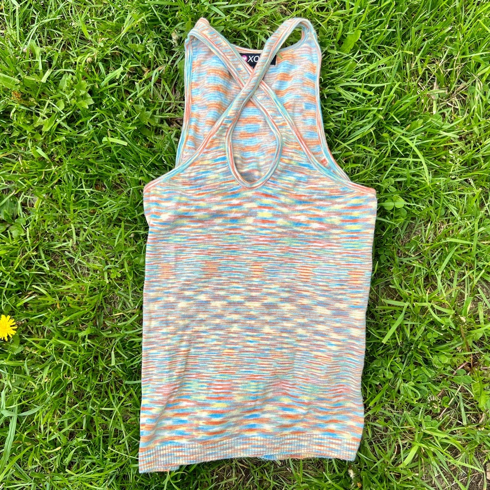 Vintage Y2K XOXO stretchy halter top in rainbow pastel colors, size medium